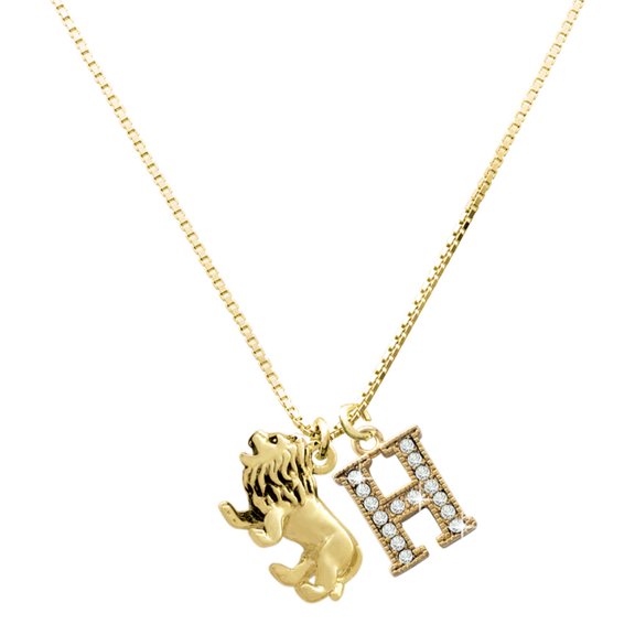 Delight Jewelry Gold-tone 3-D Lion - Large Goldtone Crystal Initial - H - Charm Necklace, 17.5"+2"
