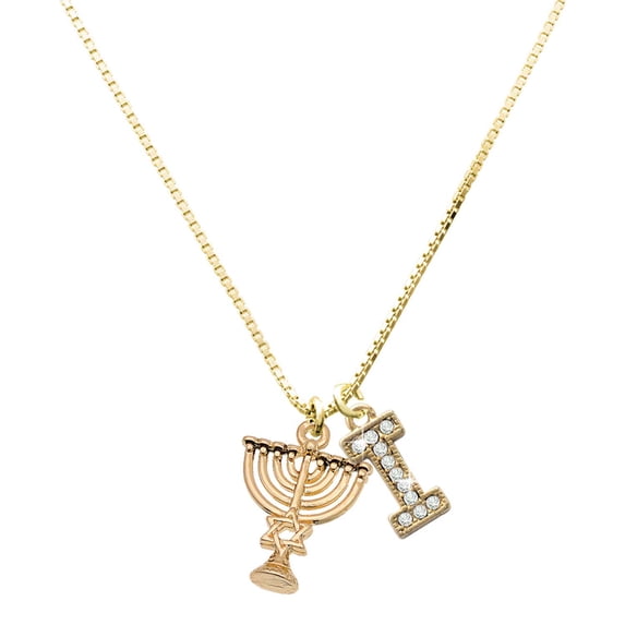 Delight Jewelry Gold-tone 3-D Menorah - Large Goldtone Crystal Initial - I - Charm Necklace, 17.5"+2"