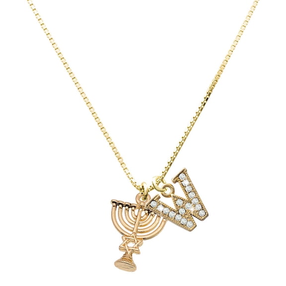 Delight Jewelry Gold-tone 3-D Menorah - Large Goldtone Crystal Initial - W - Charm Necklace, 17.5"+2"