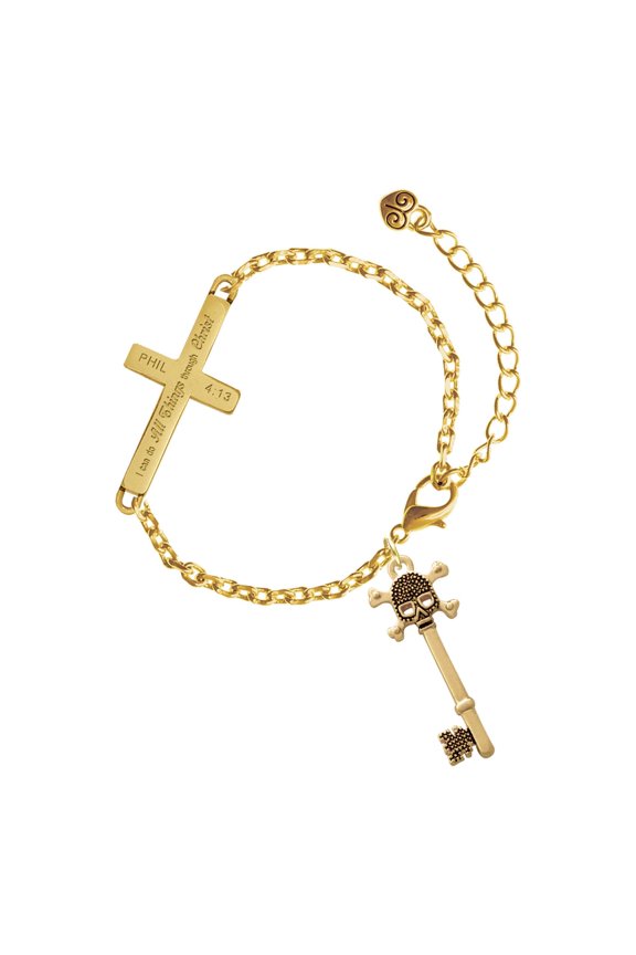 Gold-tone Antiqued Beaded Skull Key - Gold Tone Philipians 4:13 I Do All Things Through Christ Engraved Cross Charm Bracelet, 6.5+1.5" Extender