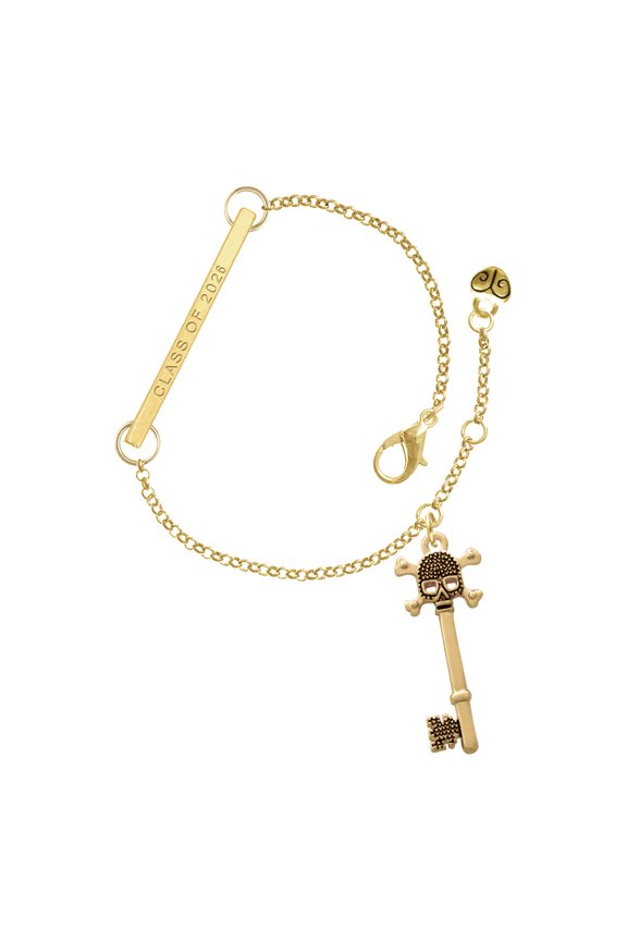 Gold-tone Antiqued Beaded Skull Key - Goldtone Class of 2026 Delicate Bar Bracelet, 8.5"