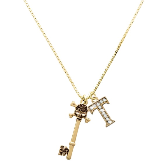 Delight Jewelry Gold-tone Antiqued Beaded Skull Key - Large Goldtone Crystal Initial - T - Charm Necklace, 17.5"+2"