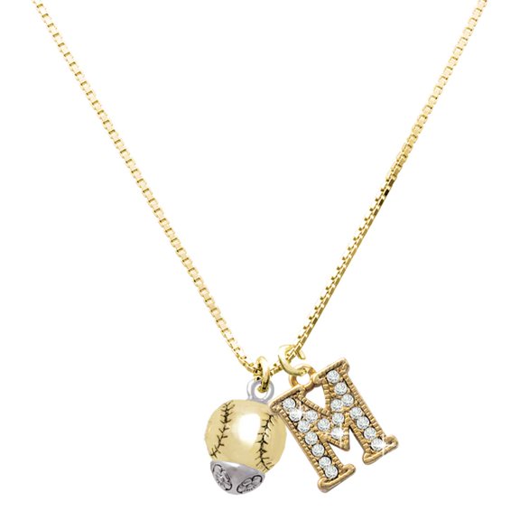 Delight Jewelry Gold-tone Baseball/Softball Spinner - Large Goldtone Crystal Initial - M - Charm Necklace, 17.5"+2"