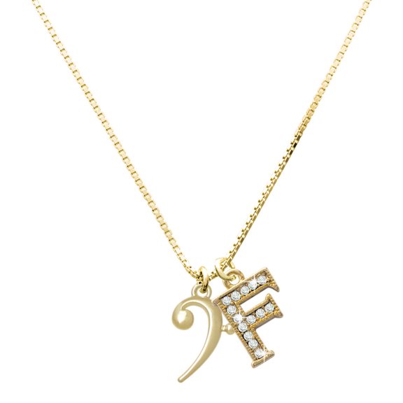 Delight Jewelry Gold-tone Bass Clef Charm and Goldtone Crystal Initial F Charm Necklace, 17.5"+2"