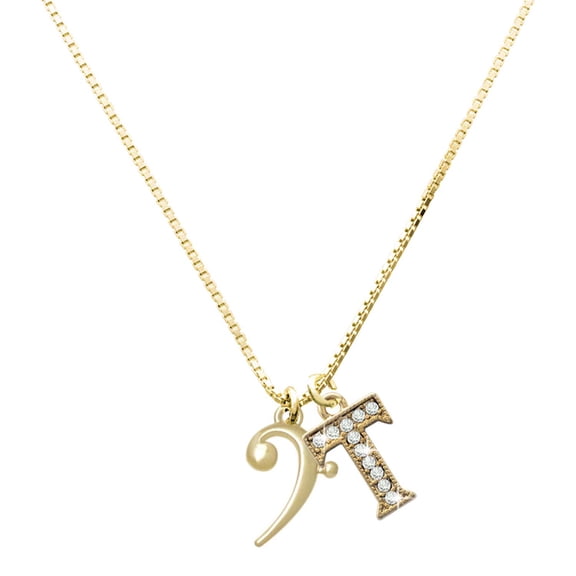Delight Jewelry Gold-tone Bass Clef - Large Goldtone Crystal Initial - T - Charm Necklace, 17.5"+2"