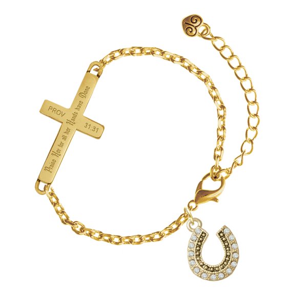 Delight Jewelry Gold-tone Beaded Clear Crystal Horseshoe with Good Luck - Gold Tone Proverbs 31:31 Praise Her for all Her Hands have Done Engraved Cross Charm Bracelet, 6.5+1.5" Extender