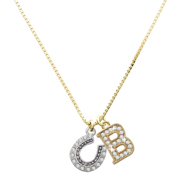Delight Jewelry Silver Plated Beaded Clear Crystal Horseshoe with Good Luck - Large Goldtone Crystal Initial - B - Charm Necklace, 17.5"+2"