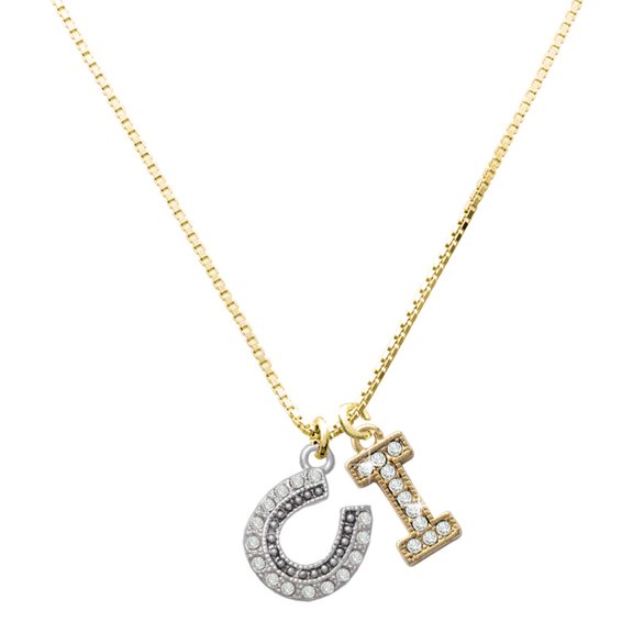 Delight Jewelry Gold-tone Beaded Clear Crystal Horseshoe with Good Luck Charm and Crystal Initial I Charm Necklace, 17.5"+2"