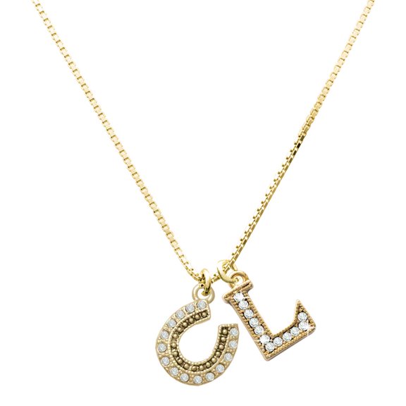 Delight Jewelry Gold-tone Beaded Clear Crystal Horseshoe with Good Luck - Large Goldtone Crystal Initial - L - Charm Necklace, 17.5"+2"