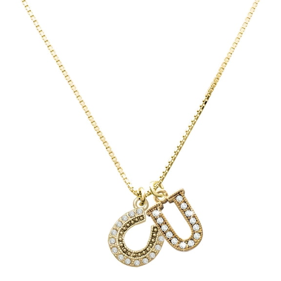 Delight Jewelry Gold-tone Beaded Clear Crystal Horseshoe with Good Luck - Large Goldtone Crystal Initial - U - Charm Necklace, 17.5"+2"