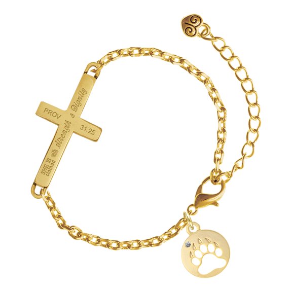 Delight Jewelry Gold-tone Bear Paw Silhouette - Gold Tone Proverbs 31:25 She is Clothed with Strength and Dignity Engraved Cross Charm Bracelet, 6.5+1.5" Extender