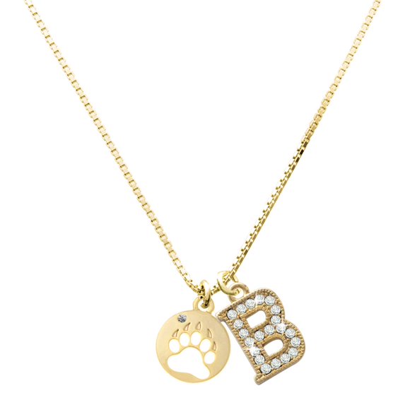 Delight Jewelry Gold-tone Bear Paw Silhouette - Large Goldtone Crystal Initial - B - Charm Necklace, 17.5"+2"