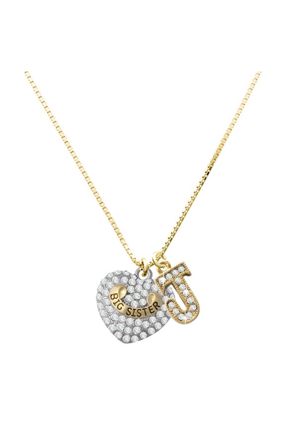 Gold-tone Big Sister Rock on Clear Crystal Heart Charm and Crystal Initial J Charm Necklace, 17.5"+2"