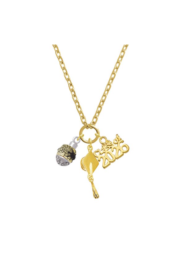 Gold-tone Black Spider on Web Spinner - Gold-tone Class of 2026 Graduation Zoey Charm Necklace, 28"