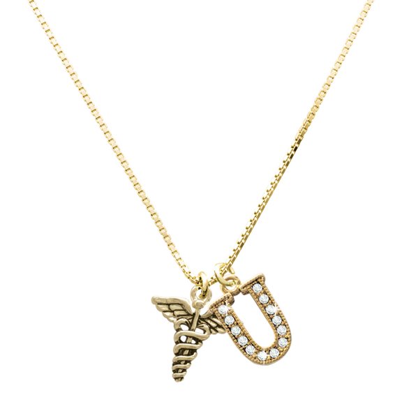 Delight Jewelry Gold-tone Caduceus - Large Goldtone Crystal Initial - U - Charm Necklace, 17.5"+2"