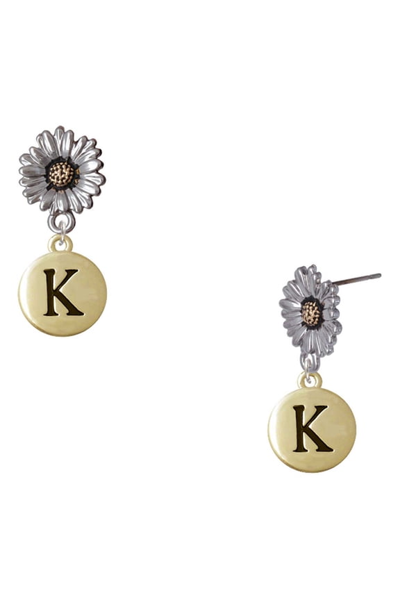 Gold-tone Capital Letter - K - Pebble Disc - Two-tone Daisy Flower Post Earrings