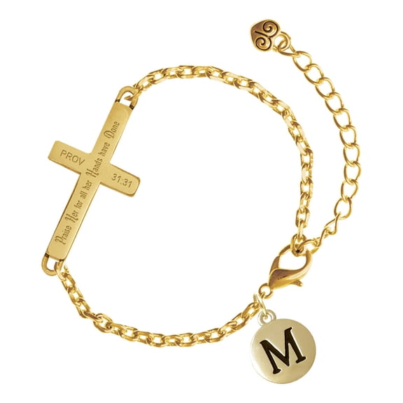 Delight Jewelry Gold-tone Capital Letter - M - Pebble Disc - Gold Tone Proverbs 31:31 Praise Her for all Her Hands have Done Engraved Cross Charm Bracelet, 6.5+1.5" Extender