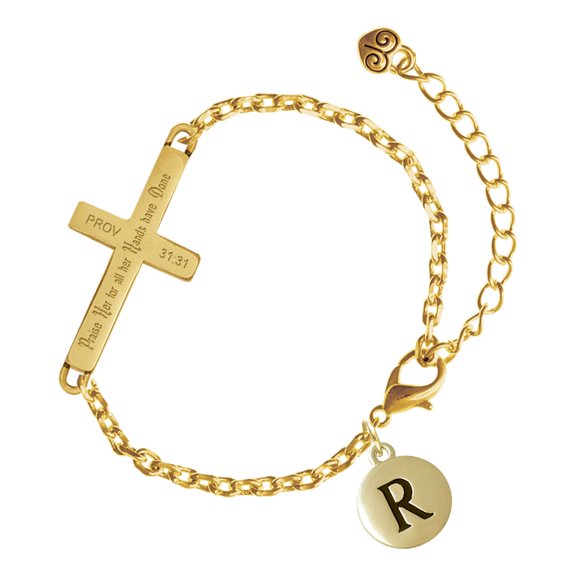 Delight Jewelry Gold-tone Capital Letter - R - Pebble Disc - Gold Tone Proverbs 31:31 Praise Her for all Her Hands have Done Engraved Cross Charm Bracelet, 6.5+1.5" Extender