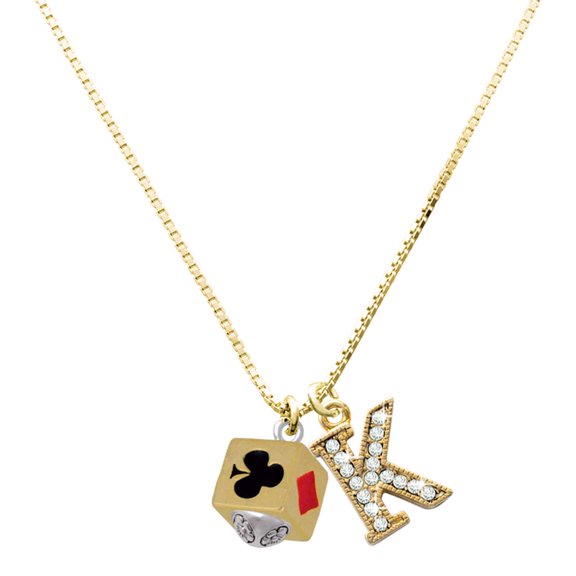Delight Jewelry Gold-tone Card Suits Square Spinner Charm and Crystal Initial K Charm Necklace, 17.5"+2"