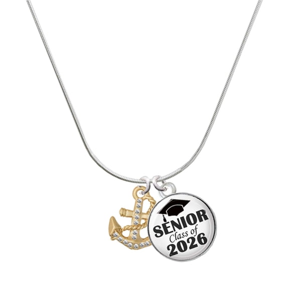 Delight Jewelry Gold-tone Clear Crystal Anchor - Silvertone Senior Class of 2026 Dome Necklace, 18"