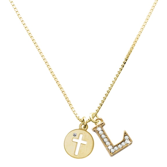 Delight Jewelry Gold-tone Cross Silhouette - Large Goldtone Crystal Initial - L - Charm Necklace, 17.5"+2"