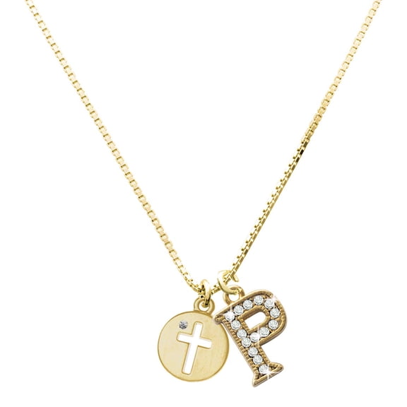 Delight Jewelry Gold-tone Cross Silhouette - Large Goldtone Crystal Initial - P - Charm Necklace, 17.5"+2"