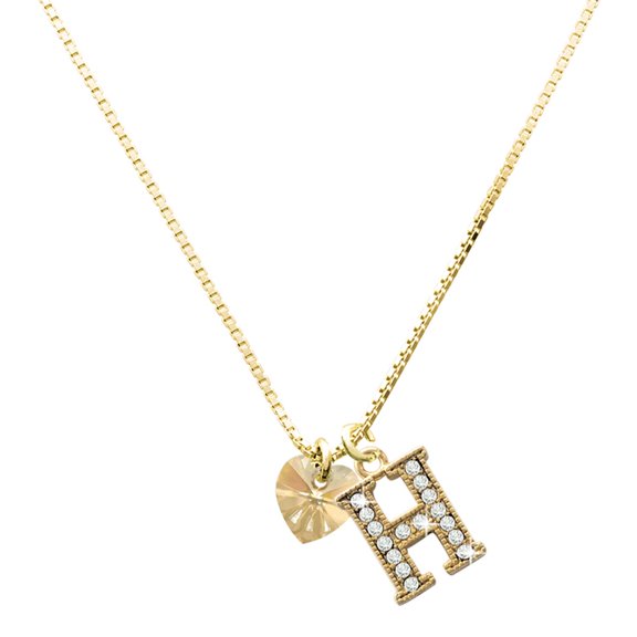 Delight Jewelry Gold-tone Crystal Heart and Large Crystal Initial H Charm Necklace, 17.5"+2"