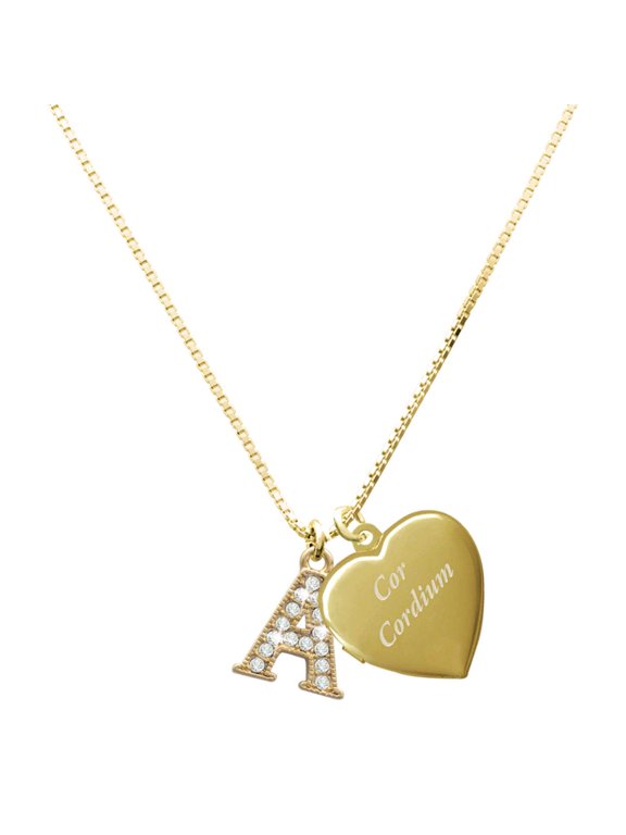 Gold-tone Crystal Initial - A - Plated Engraved Cor Cordium Heart Locket Necklace, 17.5"+2" Extender