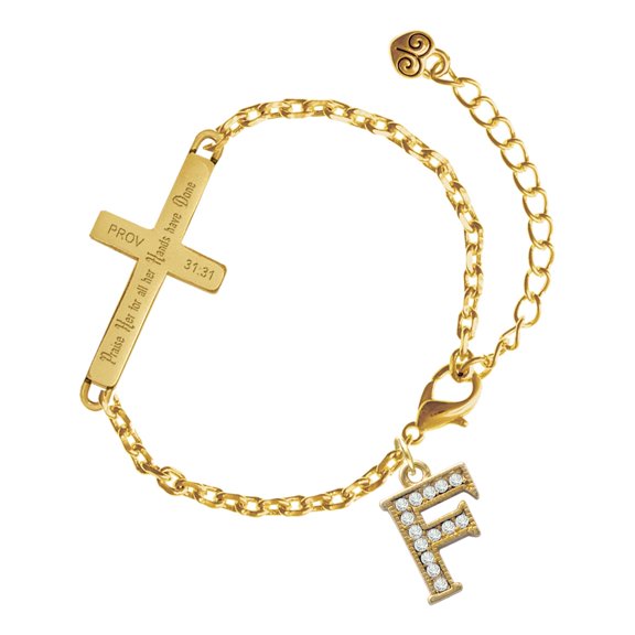 Delight Jewelry Gold-tone Crystal Initial - F - Gold Tone Proverbs 31:31 Praise Her for all Her Hands have Done Engraved Cross Charm Bracelet, 6.5+1.5" Extender