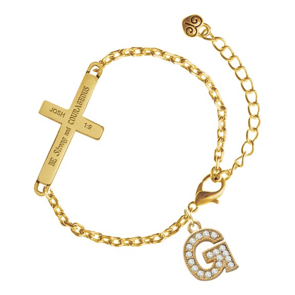 Delight Jewelry Gold-tone Crystal Initial - G - Gold Tone Joshua 1:9 Strong and Courageous Engraved Cross Charm Bracelet, 6.5+1.5" Extender