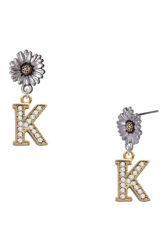 Gold-tone Crystal Initial - K - Two-tone Daisy Flower Post Earrings