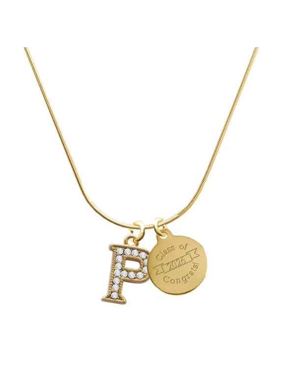 Gold-tone Crystal Initial - P - Engraved Congrats Class of 2026 Charm Necklace, 18"