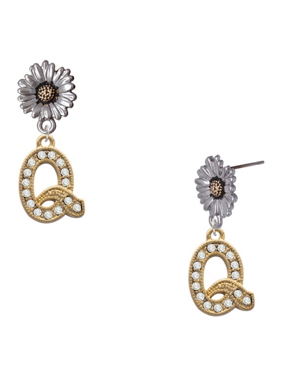 Gold-tone Crystal Initial - Q - Two-tone Daisy Flower Post Earrings