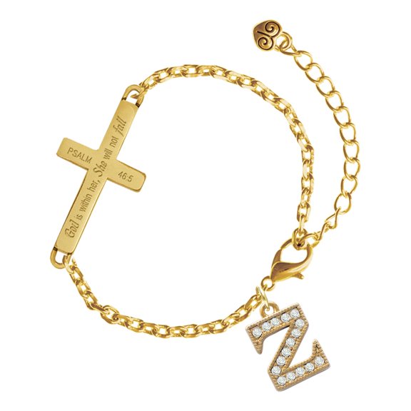 Delight Jewelry Gold-tone Crystal Initial - Z - Gold Tone Psalm 46:5 She will not fall Engraved Cross Charm Bracelet, 6.5+1.5" Extender