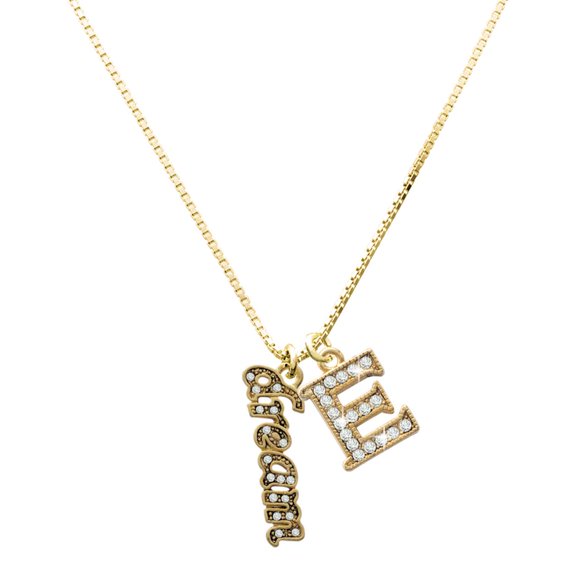 Delight Jewelry Gold-tone Crystal Script ''Dream'' - Large Goldtone Crystal Initial - E - Charm Necklace, 17.5"+2"