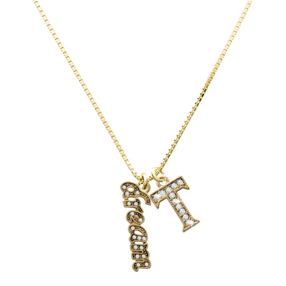Delight Jewelry Gold-tone Crystal Script ''Dream'' - Large Goldtone Crystal Initial - T - Charm Necklace, 17.5"+2"