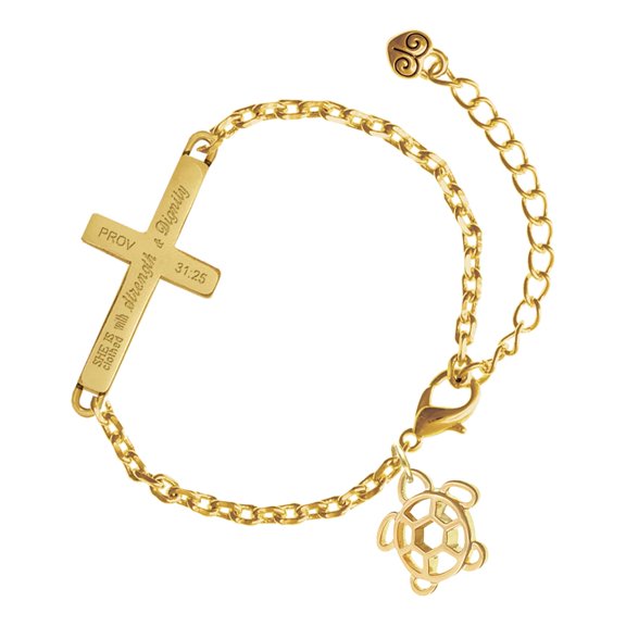 Delight Jewelry Gold-tone Cutout Sea Turtle - Gold Tone Proverbs 31:25 She is Clothed with Strength and Dignity Engraved Cross Charm Bracelet, 6.5+1.5" Extender