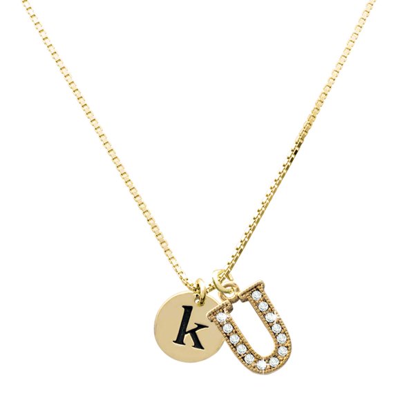 Delight Jewelry Gold-tone Disc 1/2'' Initial - k - Large Goldtone Crystal Initial - U - Charm Necklace, 17.5"+2"