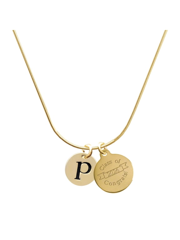 Gold-tone Disc 1/2'' Initial - p - Engraved Congrats Class of 2026 Charm Necklace, 18"