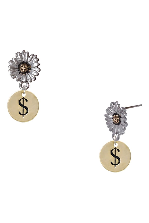 Gold-tone Disc 1/2'' - Symbol - Dollar Sign - $ - Two-tone Daisy Flower Post Earrings