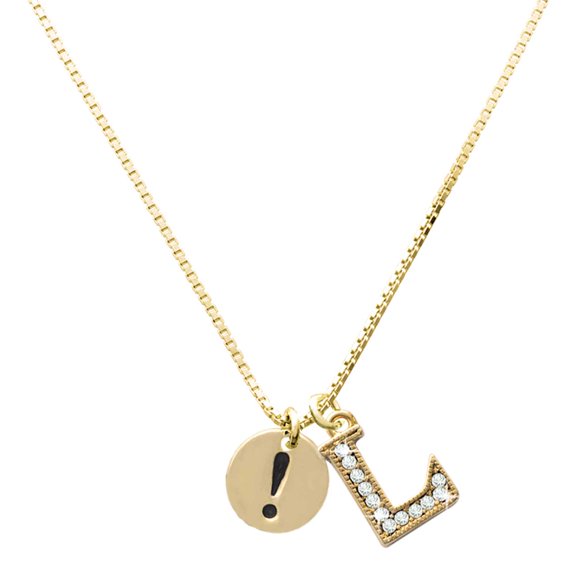 Delight Jewelry Gold-tone Disc 1/2'' - Symbol - Exclamation Point - ! - Large Goldtone Crystal Initial - L - Charm Necklace, 17.5"+2"