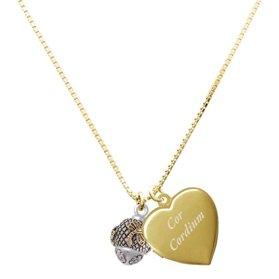 Delight Jewelry Gold-tone Dragonfly on Silver-tone Hatched Background Spinner - Plated Engraved Cor Cordium Heart Locket Necklace, 17.5"+2" Extender