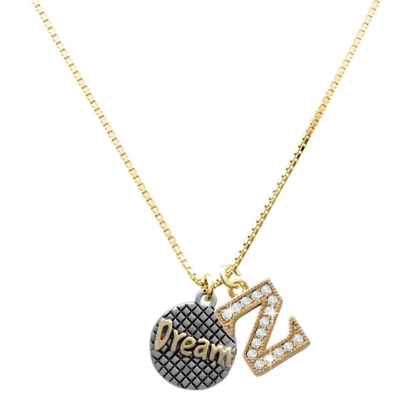 Delight Jewelry Gold-tone ''Dream'' on Hatched Disc - Large Goldtone Crystal Initial - Z - Charm Necklace, 17.5"+2"