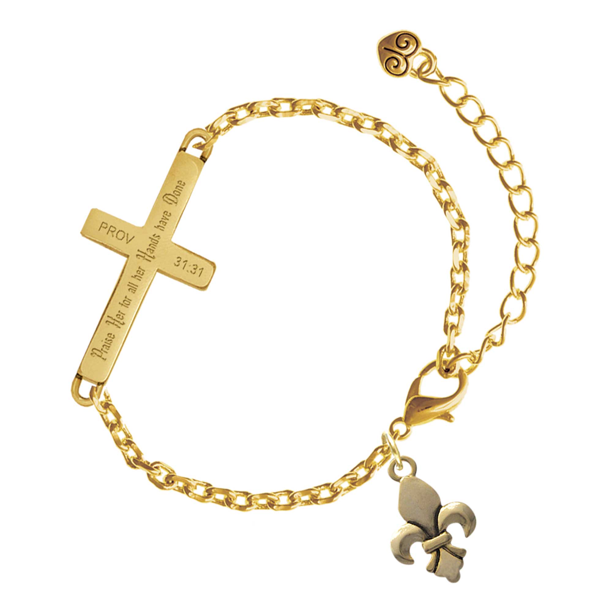 Delight Jewelry Gold-tone Fleur de Lis - Gold Tone Proverbs 31:31 Praise Her for all Her Hands have Done Engraved Cross Charm Bracelet, 6.5+1.5" Extender