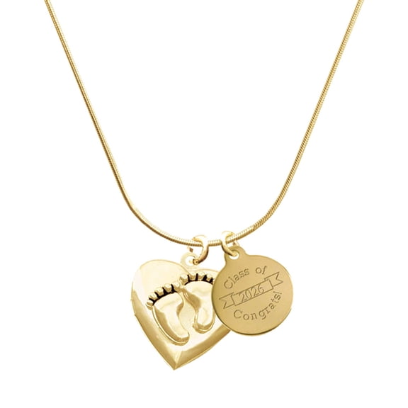 Delight Jewelry Gold-tone Foot Prints Heart Locket - Engraved Congrats Class of 2026 Charm Necklace, 18"