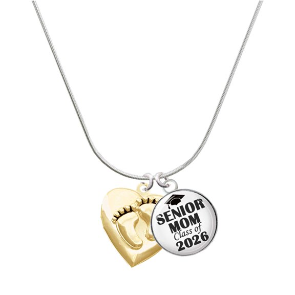 Delight Jewelry Gold-tone Foot Prints Heart Locket - Silvertone Senior Mom Class of 2026 Dome Necklace, 18"