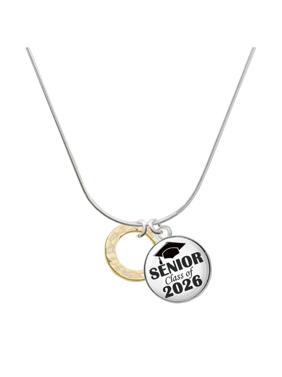 Gold-tone Hammered Karma Circle - Silvertone Senior Class of 2026 Dome Necklace, 18"