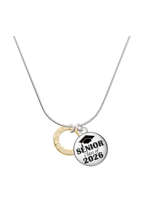 Gold-tone Hammered Karma Circle - Silvertone Senior Class of 2026 Dome Necklace, 18"
