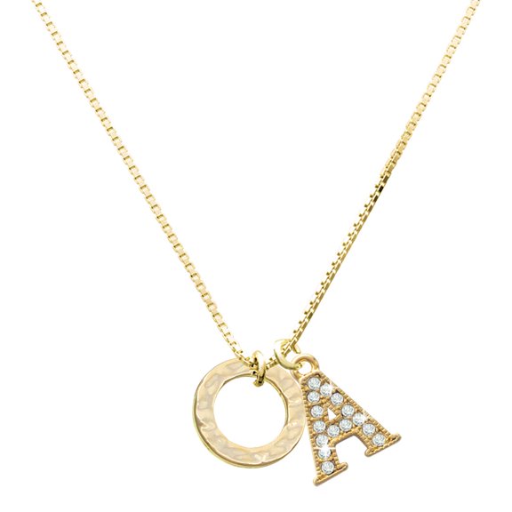 Delight Jewelry Gold-tone Hammered Karma Ring - Large Goldtone Crystal Initial - A - Charm Necklace, 17.5"+2"