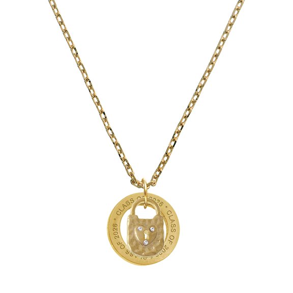 Delight Jewelry Gold-tone Hammered Lock with Heart Crystals - Class of 2026 Affirmation Ring Necklace, 23"